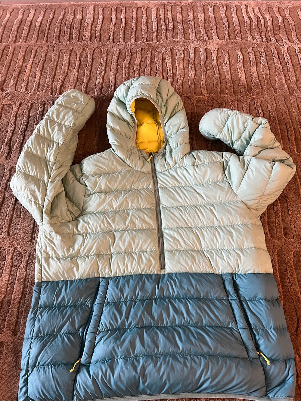 Eddie Bauer women’s Colorblock Hooded Puffer Jacket - Light Gray, Blue & Yellow